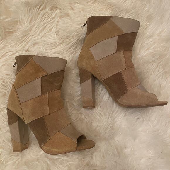 Torrid 7W Patchwork Heeled Booties | Leather Upper, Peep Toe, Neutral Suede - Picture 9 of 9